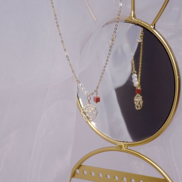 NEW 14K Gold Plated Pearl Camelia Flower Cube Necklace - Picture 6 of 7